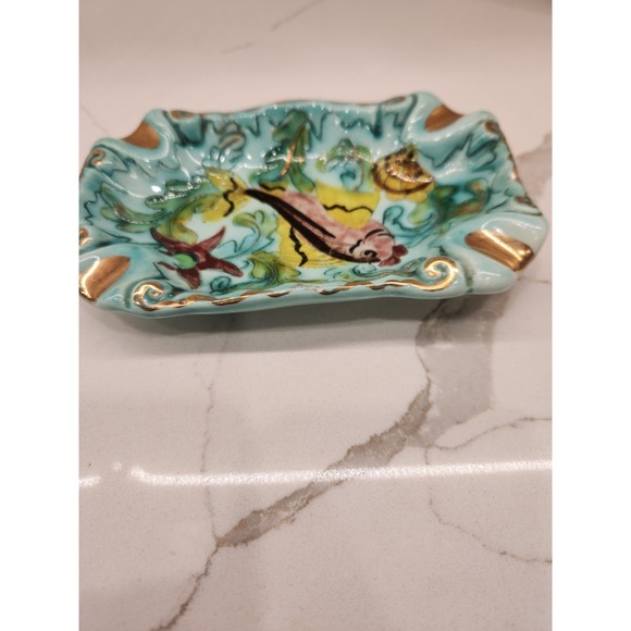 Vintage Cerart Monaco Fish Ashtray Hand Painted Seascape Seashells Gold Accents - Picture 5 of 9